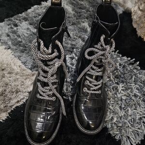 Black Croc-Embossed Lace-Up Boots